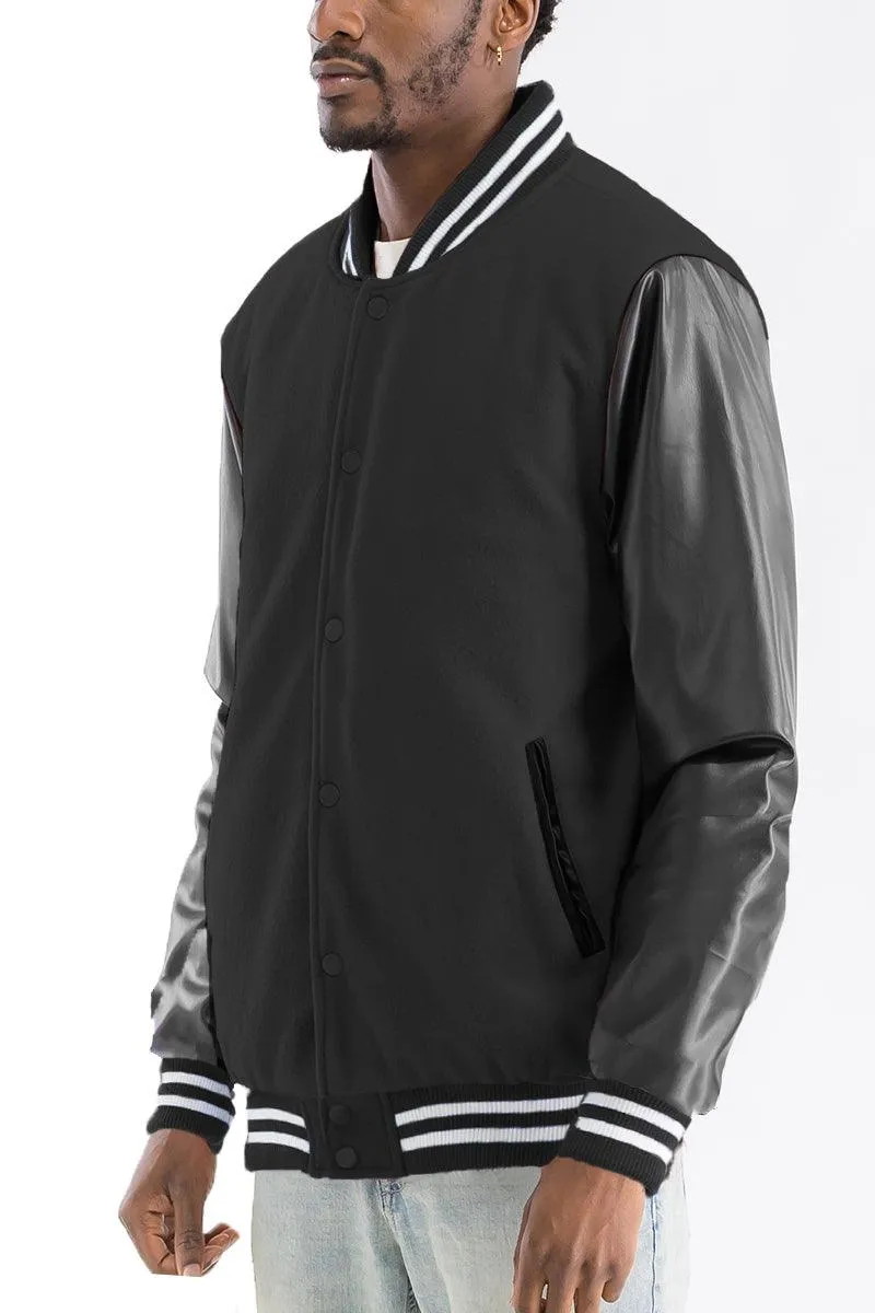 Mens Black Silver Melton Varsity Letterman Jacket