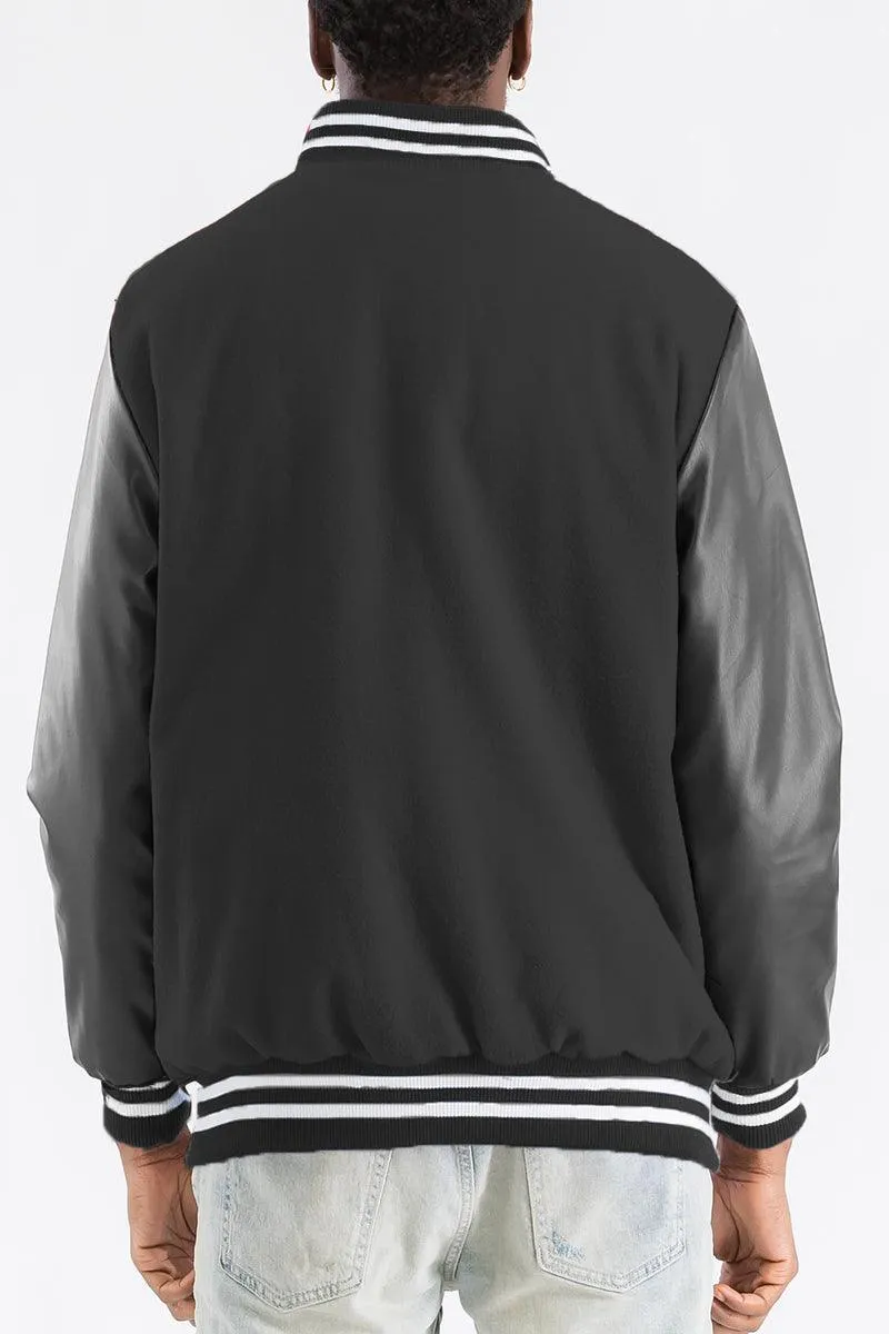 Mens Black Silver Melton Varsity Letterman Jacket