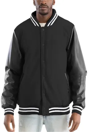 Mens Black Silver Melton Varsity Letterman Jacket