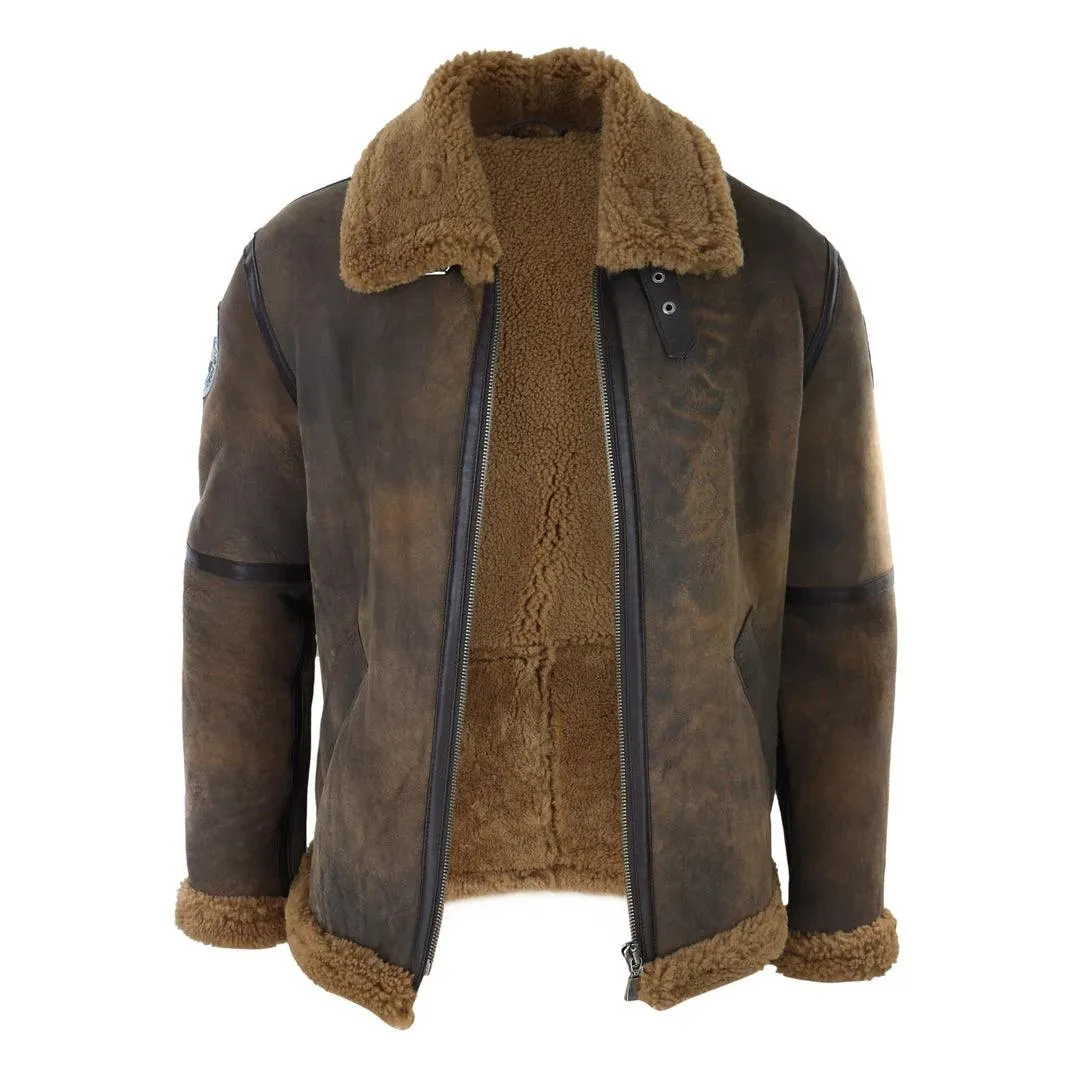 Mens Brown Distressed Real Sheepskin Flying Jacket Camel Fur Zipped Classic Winter