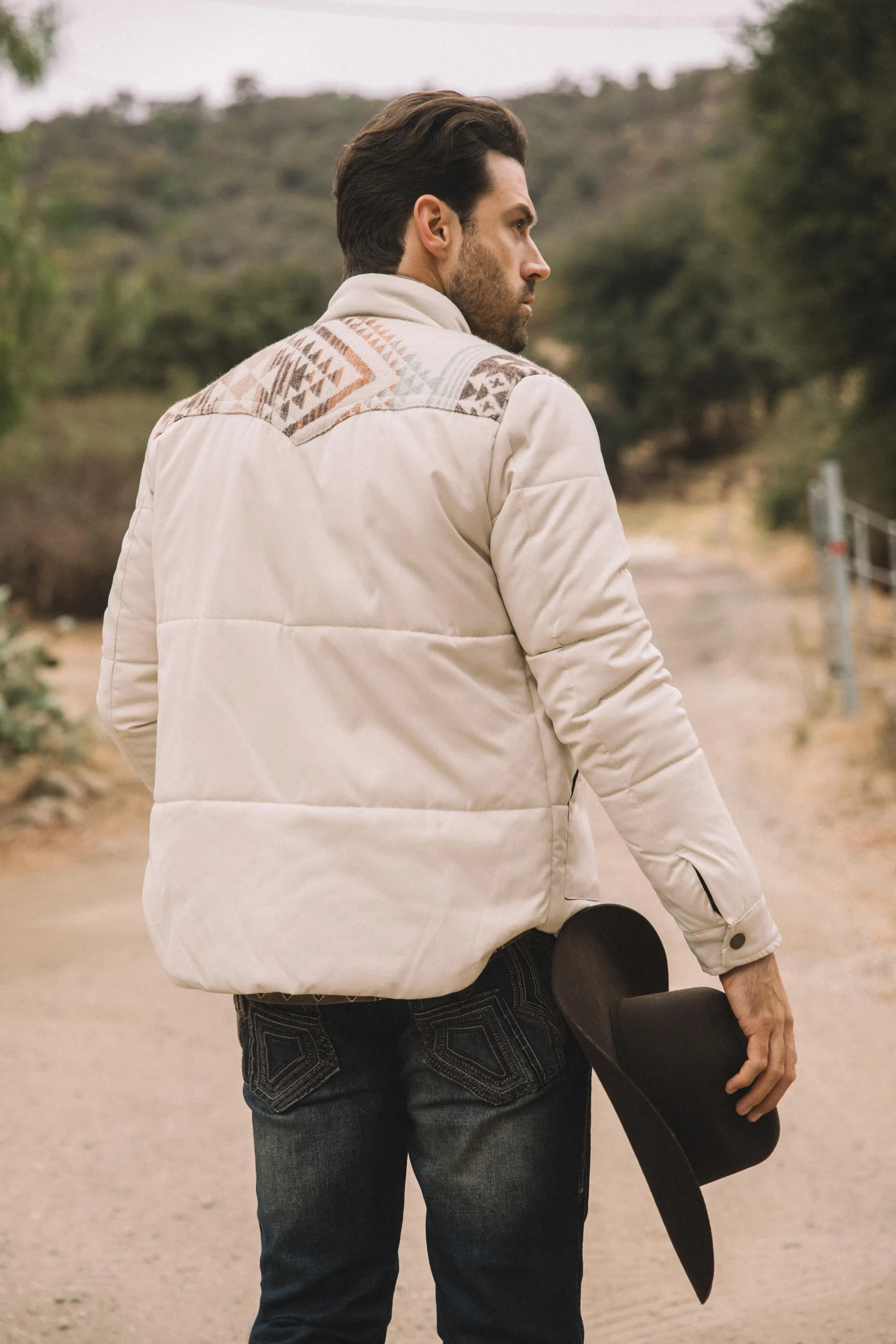 Men's Ethnic Aztec Quilted Fur Lined Twill Beige Jacket