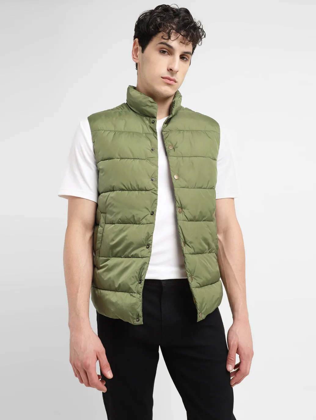 Men's Solid Green Band Neck Quilted Jacket