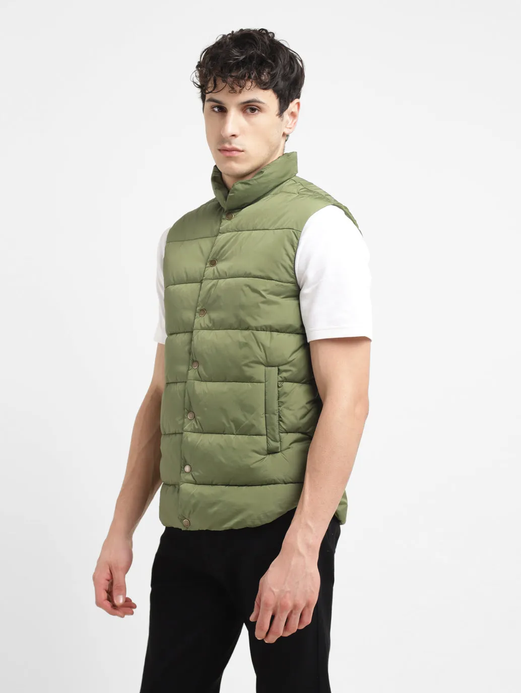 Men's Solid Green Band Neck Quilted Jacket