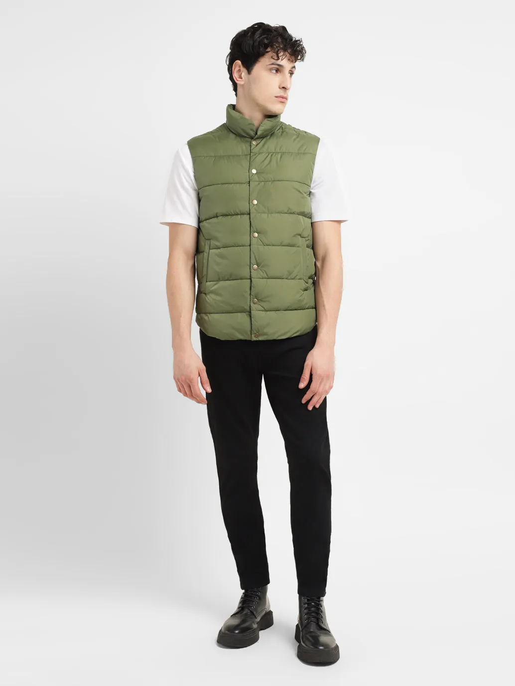 Men's Solid Green Band Neck Quilted Jacket