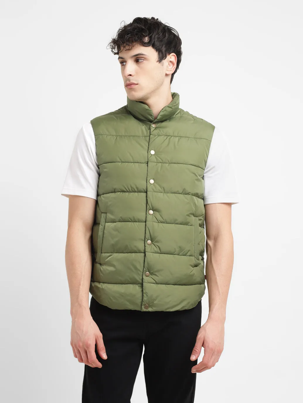 Men's Solid Green Band Neck Quilted Jacket