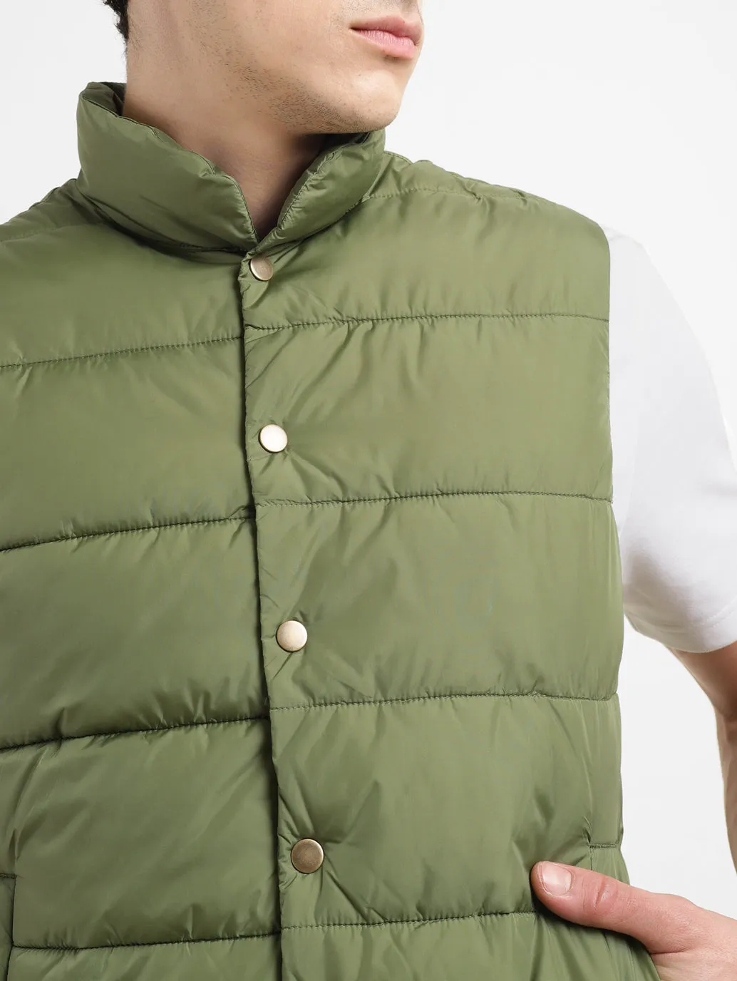 Men's Solid Green Band Neck Quilted Jacket