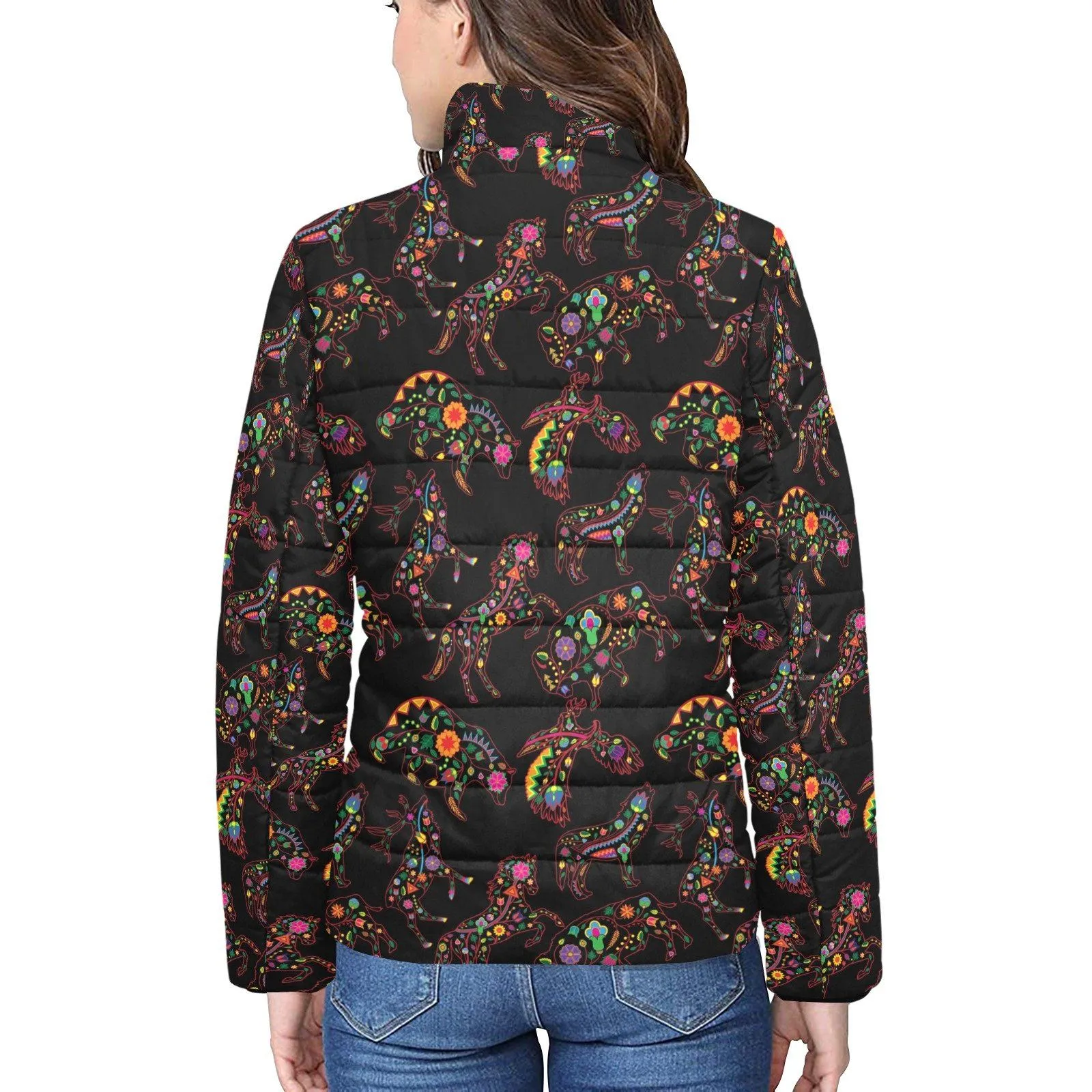 Neon Floral Animals Women's Stand Collar Padded Jacket