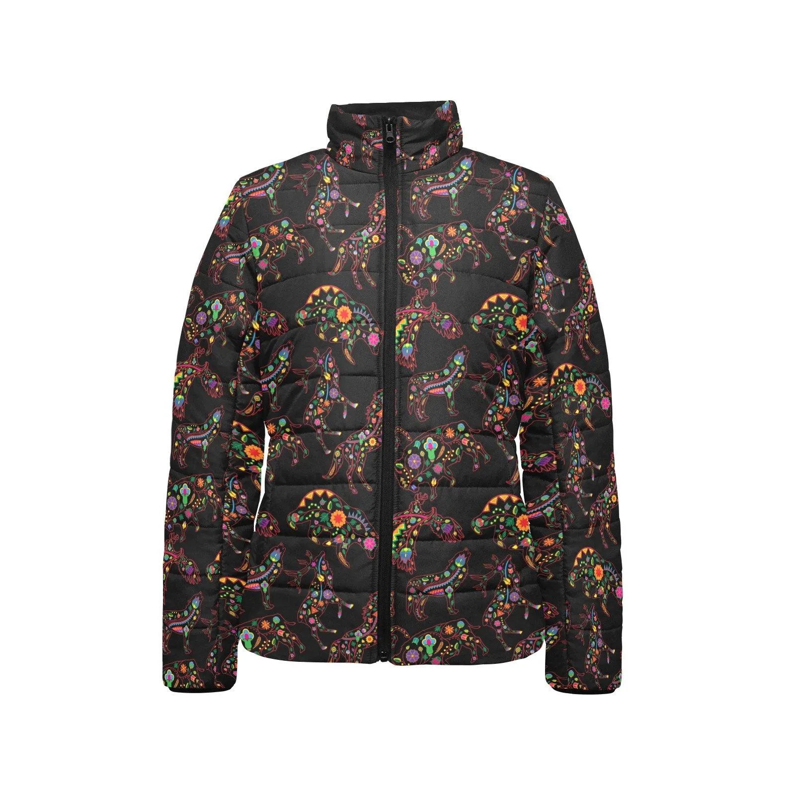 Neon Floral Animals Women's Stand Collar Padded Jacket