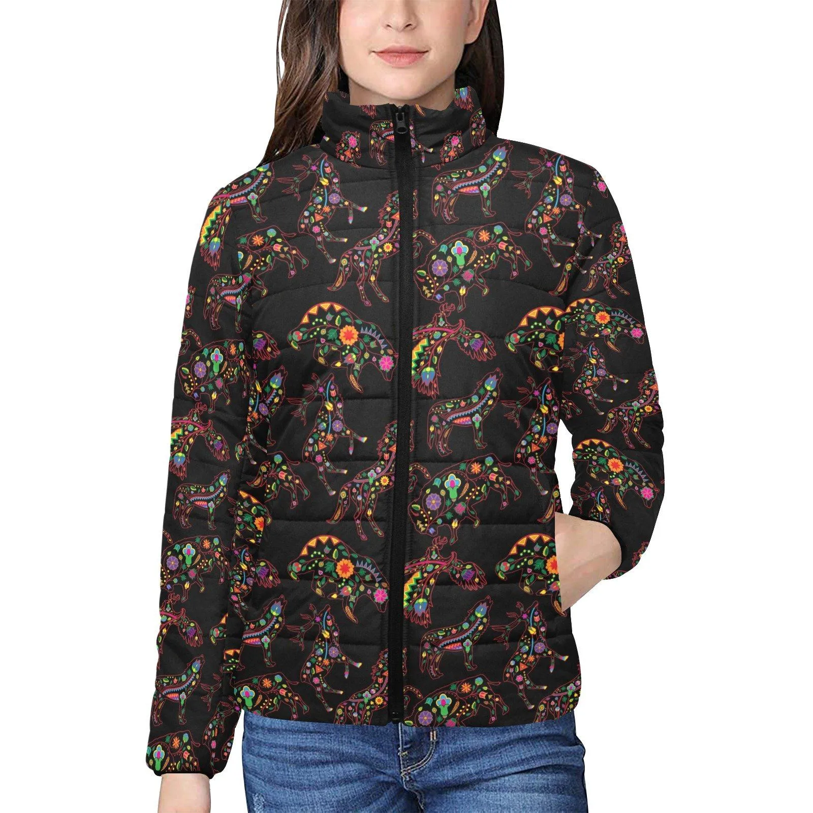 Neon Floral Animals Women's Stand Collar Padded Jacket