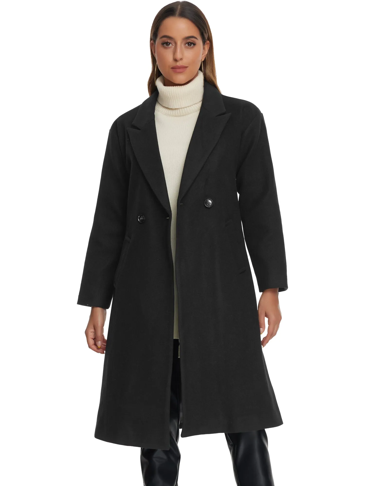 Notch Lapel Double-Breasted Solid Color Mid-Length Pea Coat