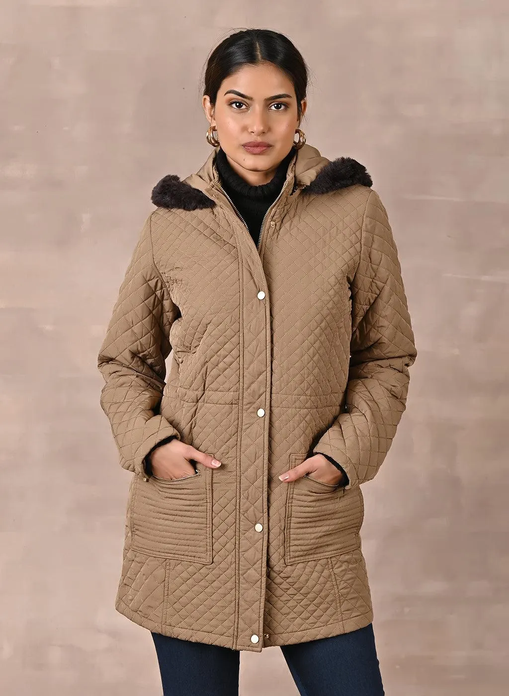 Olive Quilted Jacket with attached Hood (W)