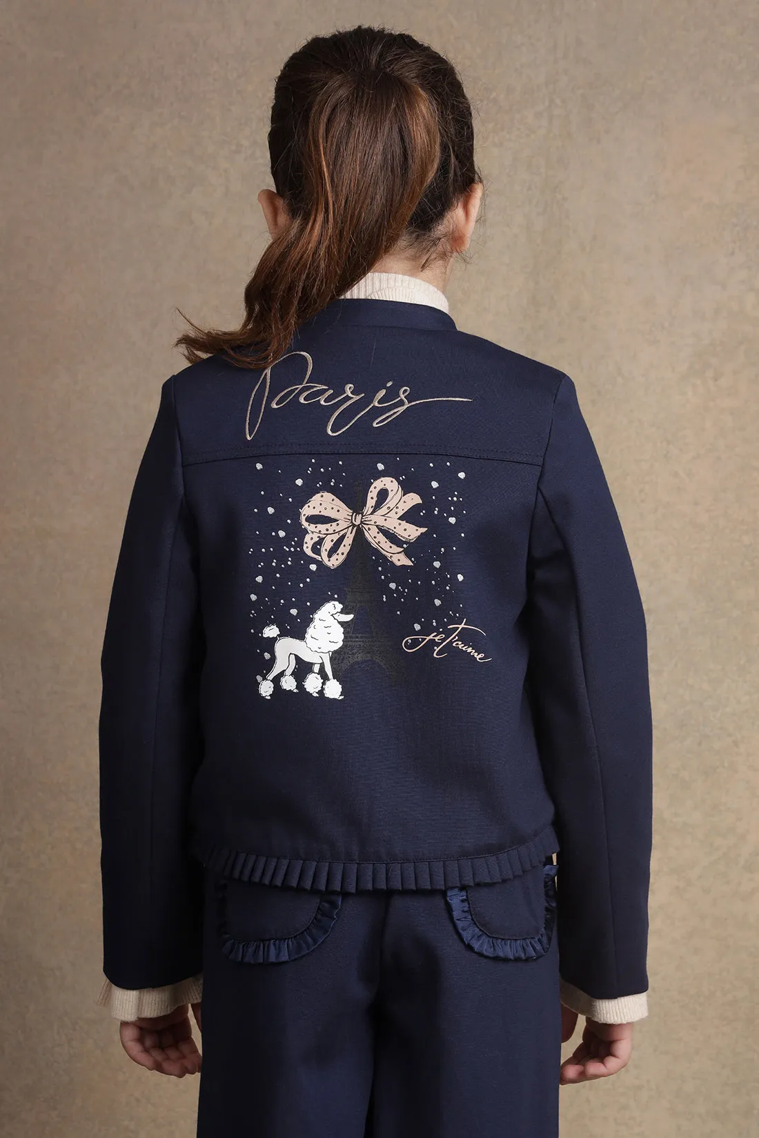 One Friday Girls Navy Blue Solid Jacket with embroidery