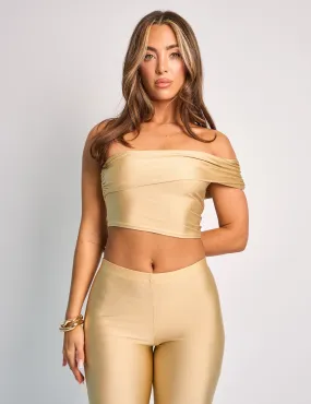 One Shoulder Fold Over Crop Top Co Ord Gold