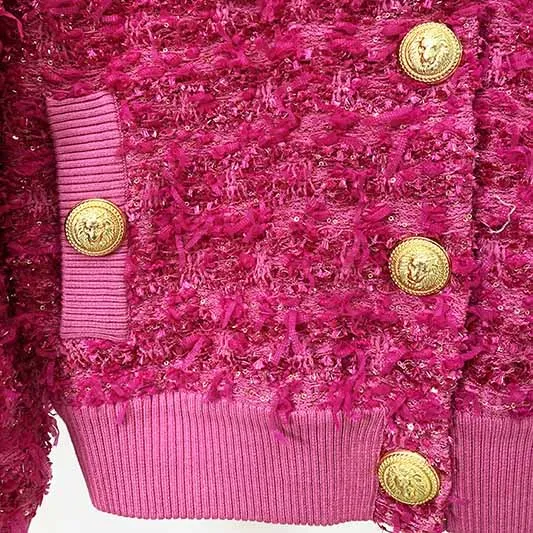 Pink Tweed Outwear Gold Buttons Baseball Uniform Jacket Coat