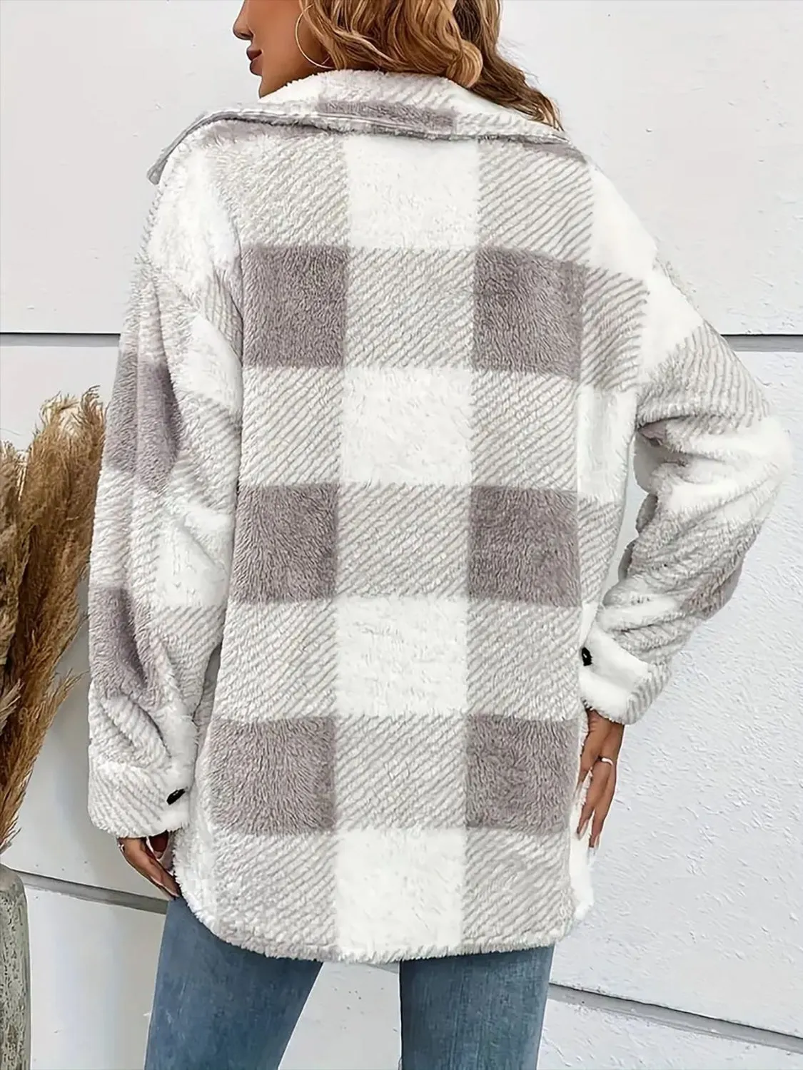 Plaid Dropped Shoulder Long Sleeve Plush Coat