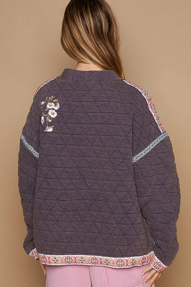 POL Open Front Quilted Jacket with Embroidery Details in Antique Navy