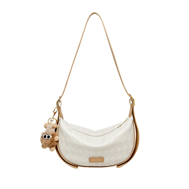 Pompom Charm Quilted Shoulder Bag