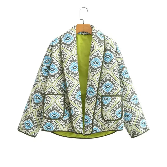 Pre Order:  Green Paisley Flower Print Lapel Quilted Jacket