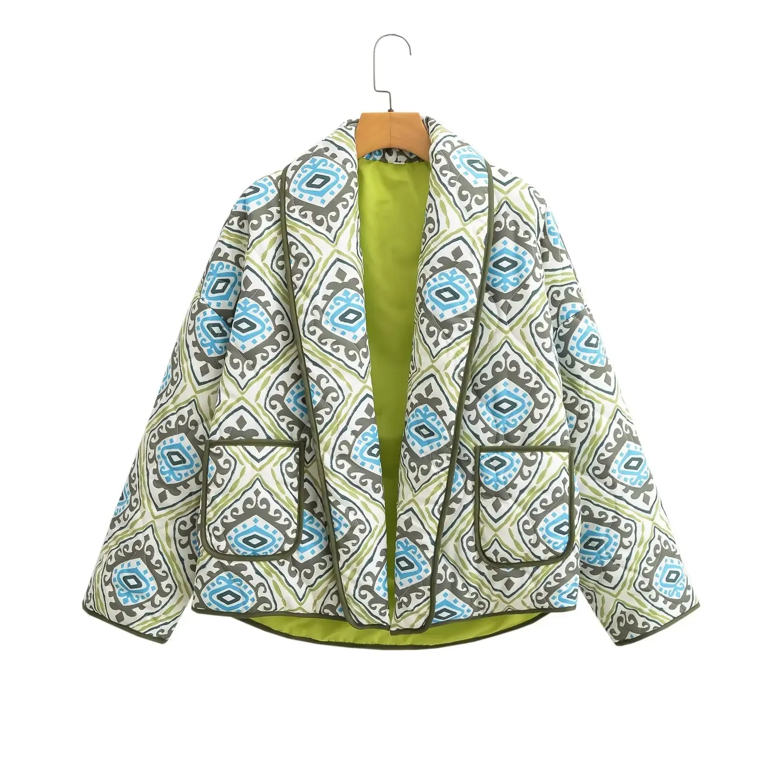 Pre Order:  Green Paisley Flower Print Lapel Quilted Jacket