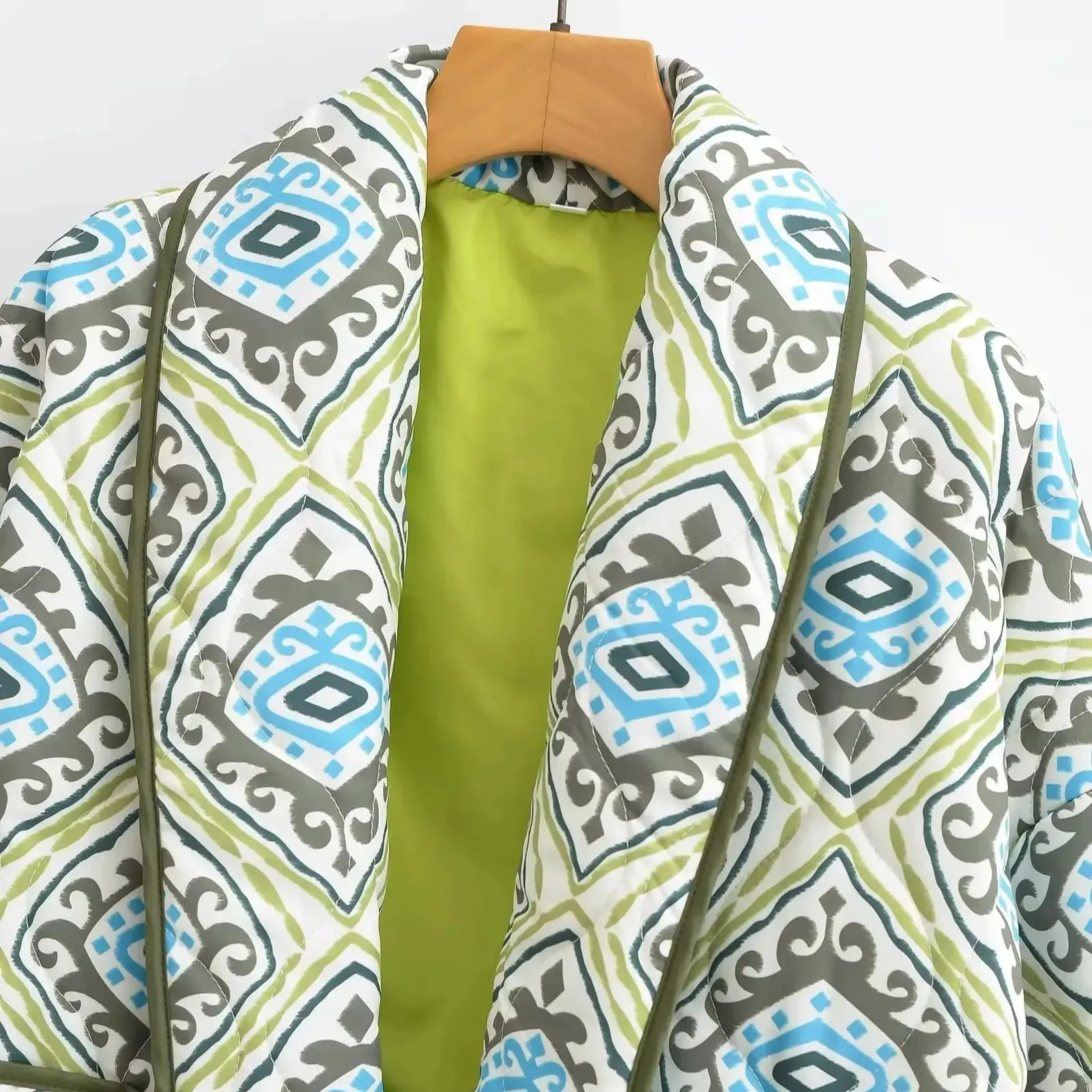 Pre Order:  Green Paisley Flower Print Lapel Quilted Jacket