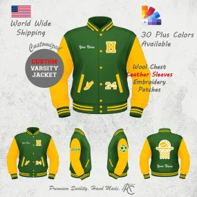 Premium Letter Custom Varsity Letterman Jackets For Men with Genuine Cowhide Leather Sleeves- Green Yellow