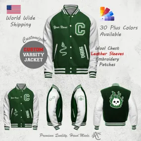 Premium Letter Custom Varsity Letterman Jackets For Men with Genuine Cowhide Leather Sleeves- Green