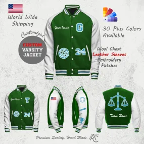 Premium  Letter Custom Varsity Letterman Jackets For Women with Genuine Cowhide Leather Sleeves- Green Blue