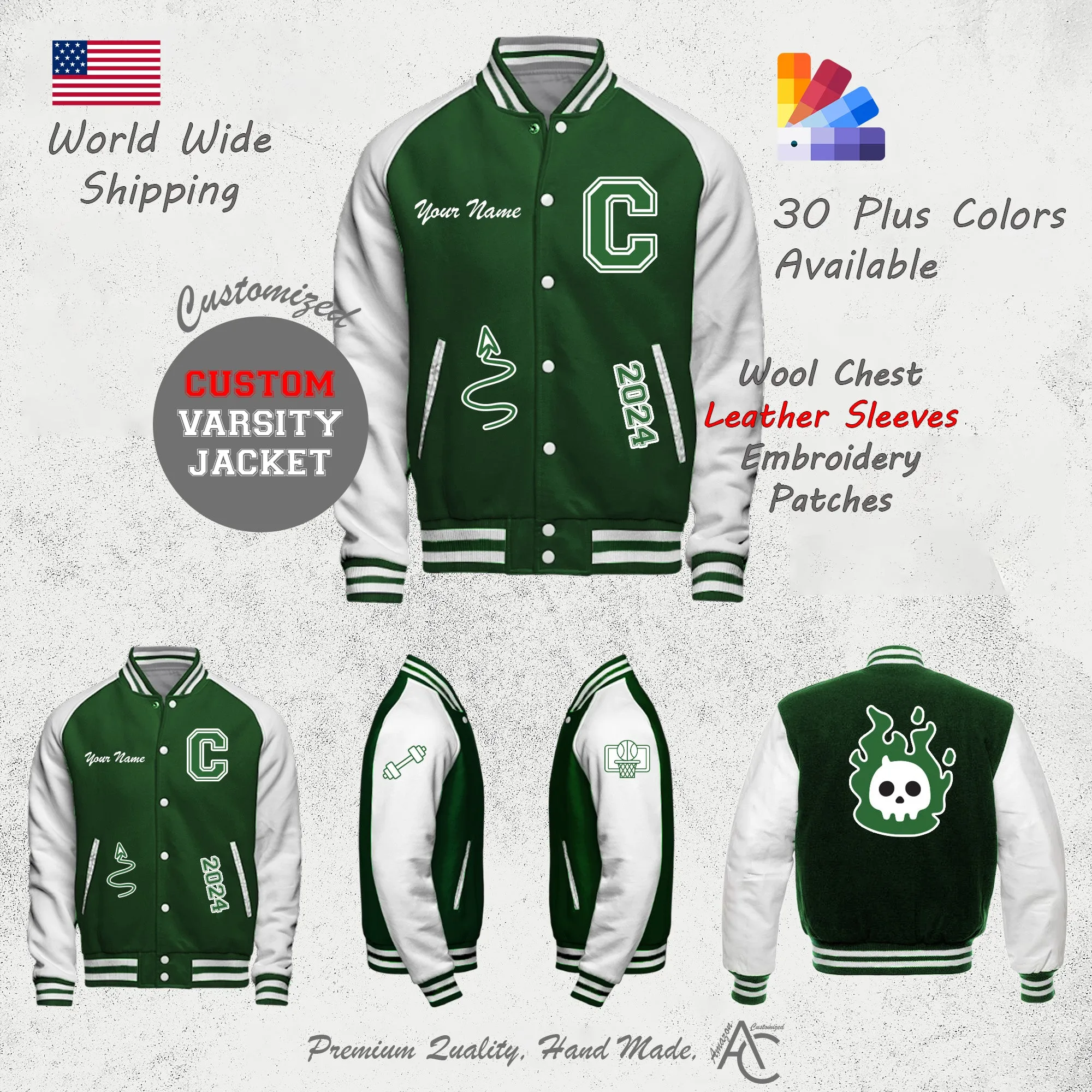 Premium  Letter Custom Varsity Letterman Jackets For Women with Genuine Cowhide Leather Sleeves- Green