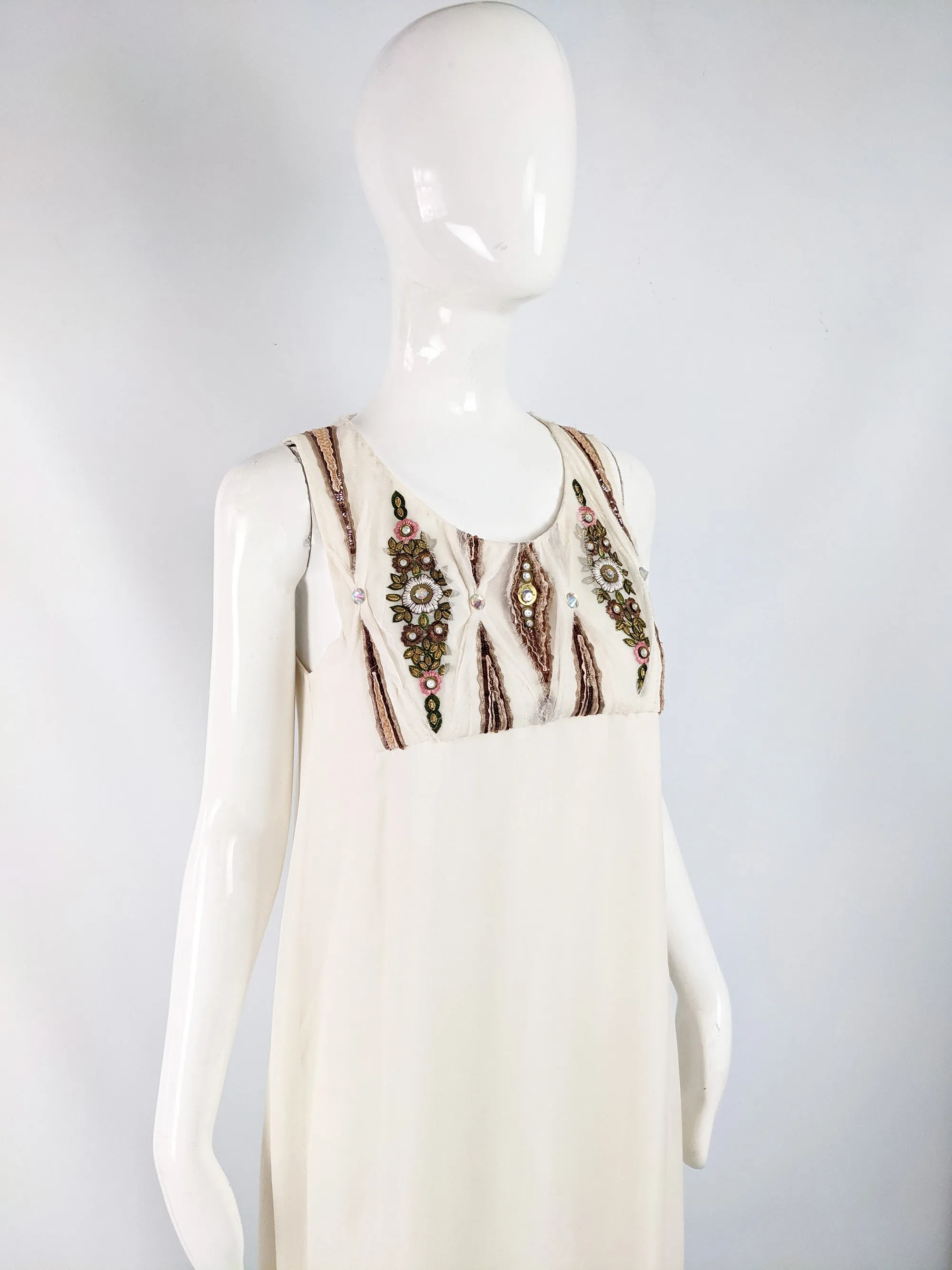 Preowned Beaded Off White Silk Chiffon Evening Dress, 2000s