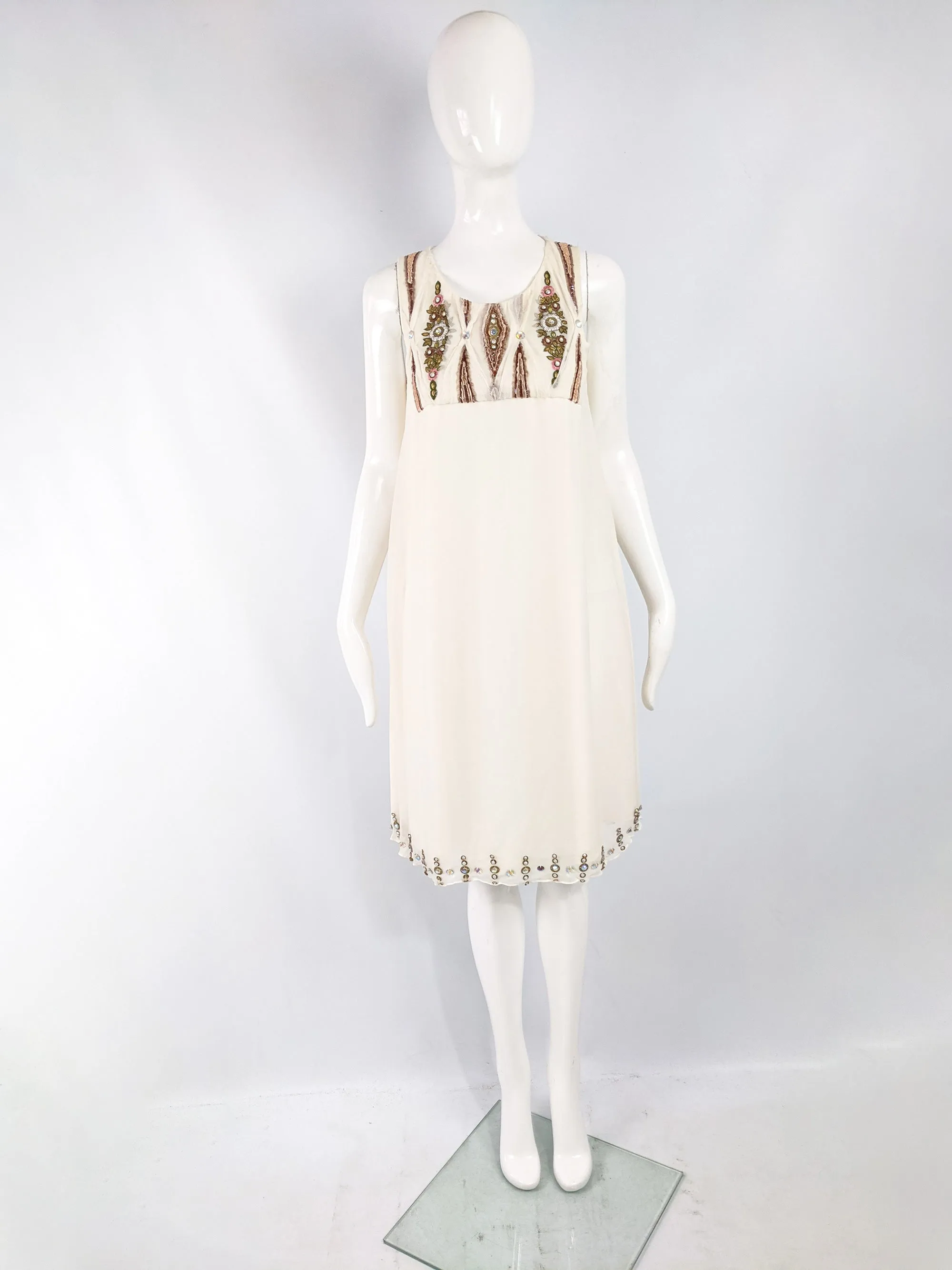 Preowned Beaded Off White Silk Chiffon Evening Dress, 2000s