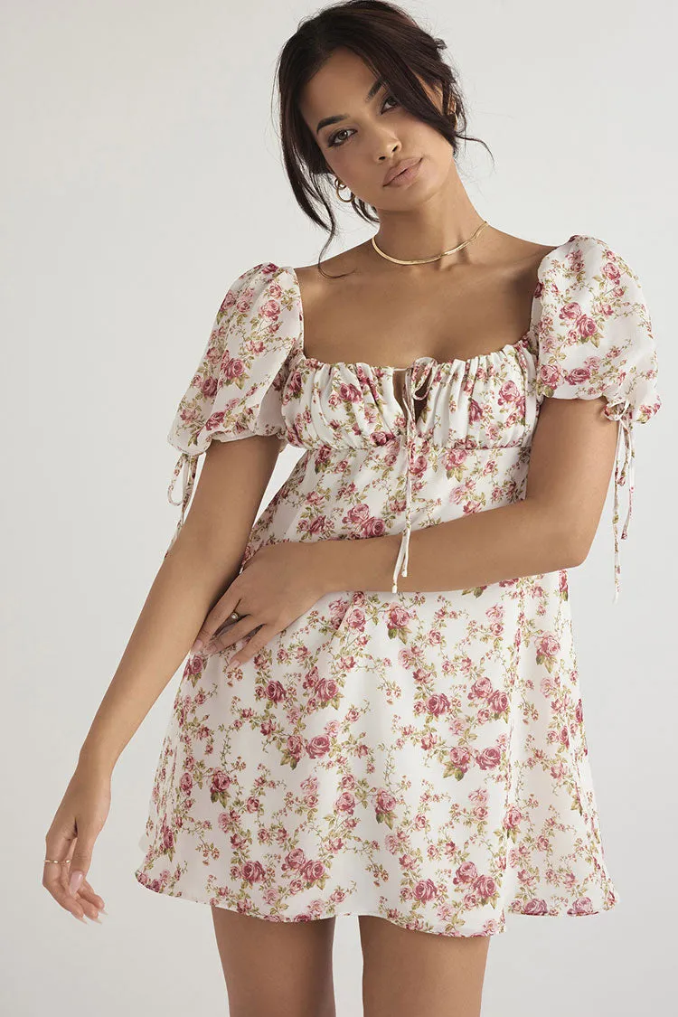 Pretty Tie Strap Puff Sleeve Printed Babydoll Mini Sundress - Floral