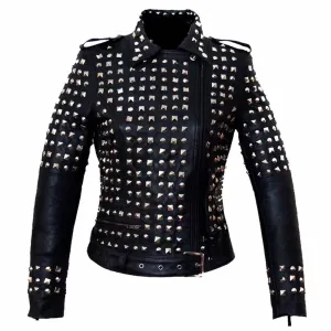 Punk Women Studded Biker Black Leather Jacket