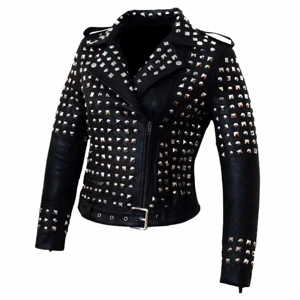 Punk Women Studded Biker Black Leather Jacket