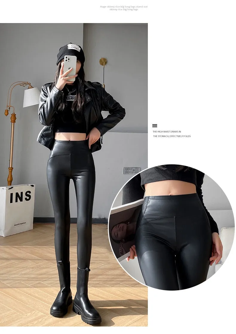 Purpdrank - Women Autumn New Fleece Matte PU Leather Pants Leggings Elastic Slim Skinny Leggings Windproof Winter Warm Sexy Legging