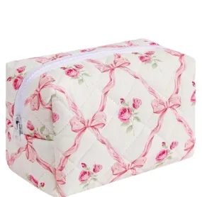 Quilted Bow Floral Makeup Bag