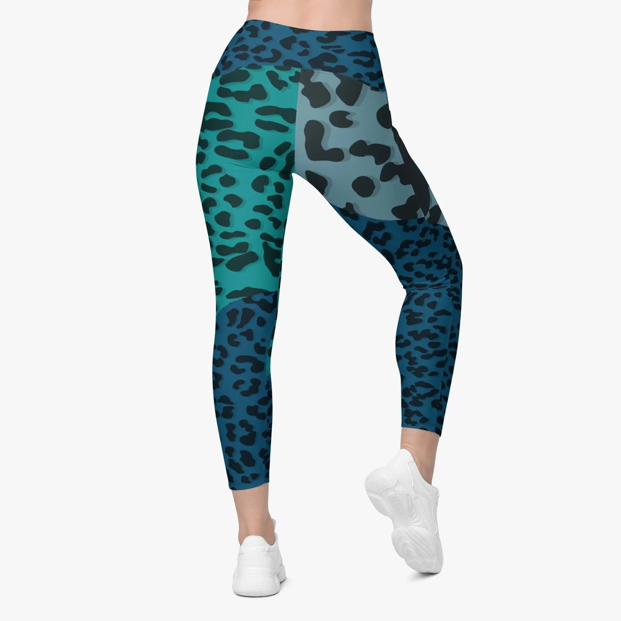 Recycled Animal Printed Leggings "FrankenCheetah" Blue/Teal with Pockets