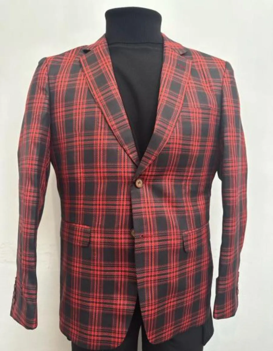 Red Tartan Blazer - Red Plaid Sport Coat - Single Breasted Pattern Mens Red Blazer