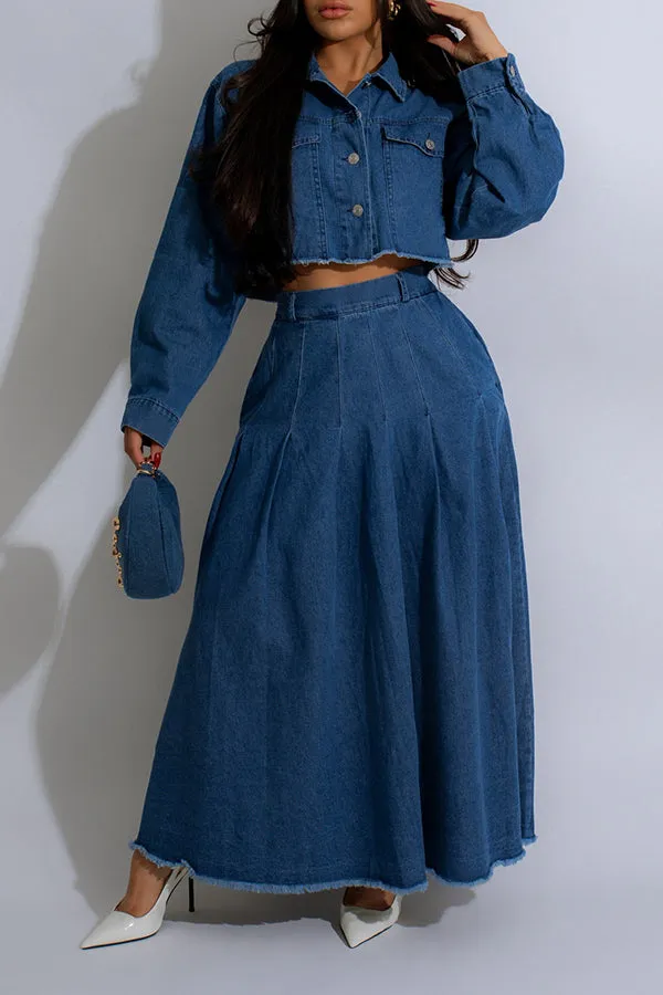 Retro Long Sleeve Denim Jacket & Skirt Set