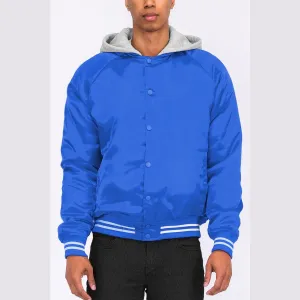 Royal Blue Satin Hooded Varsity Jacket