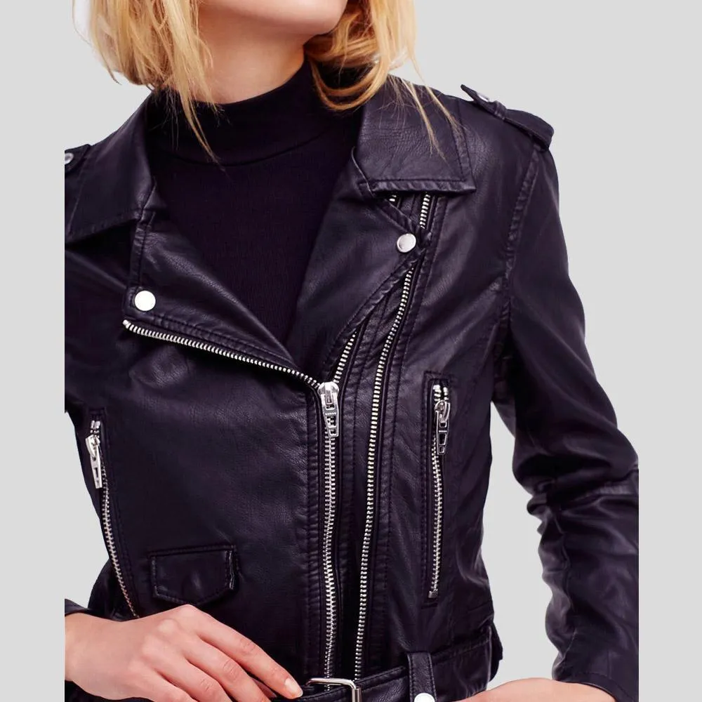 Sara Black Biker Leather Jacket