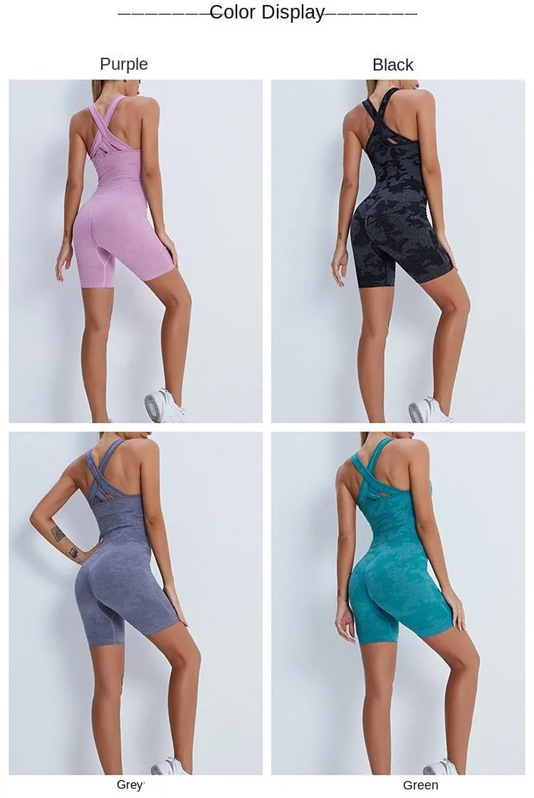 Seamless Jumpsuits Yoga Set Sports Fitness High Waist Hip Raise Back Jumpsuits Workout Clothes Gym Leggings Set for Women