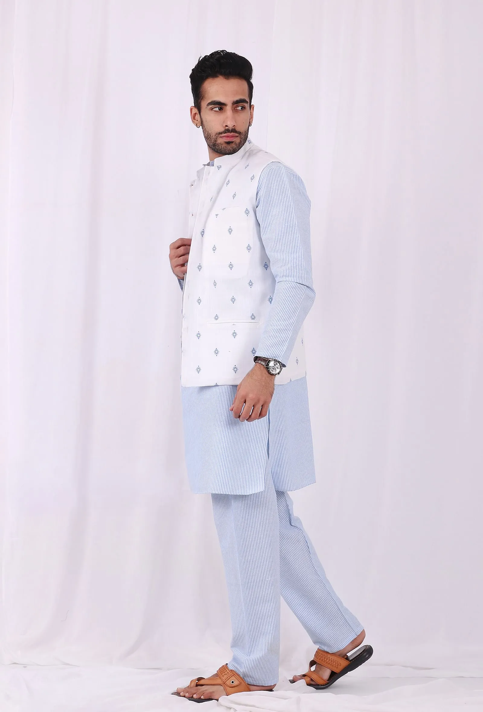 Set of 3: Blue Striped Cotton Kurta and Pajama  with Blue hand Block Printed Nehru Jacket