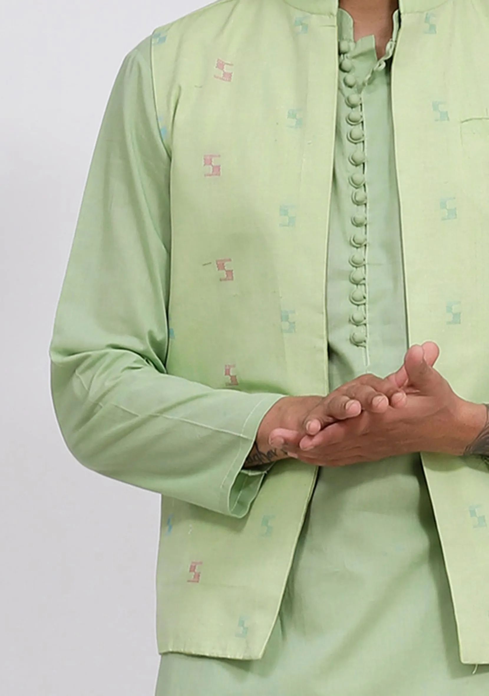 Set of 3: Mint Green Dobby Nehru Jacket With Mint Green Cotton Kurta and Pajama