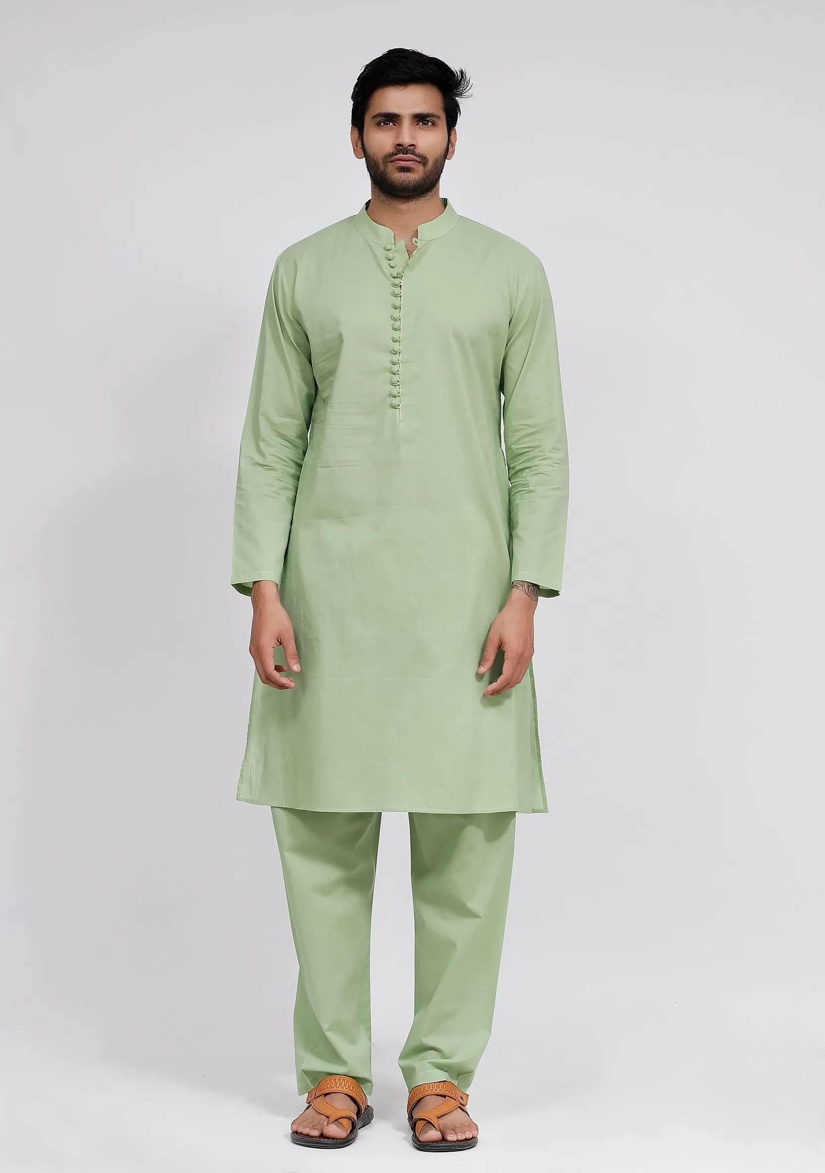 Set of 3: Mint Green Dobby Nehru Jacket With Mint Green Cotton Kurta and Pajama