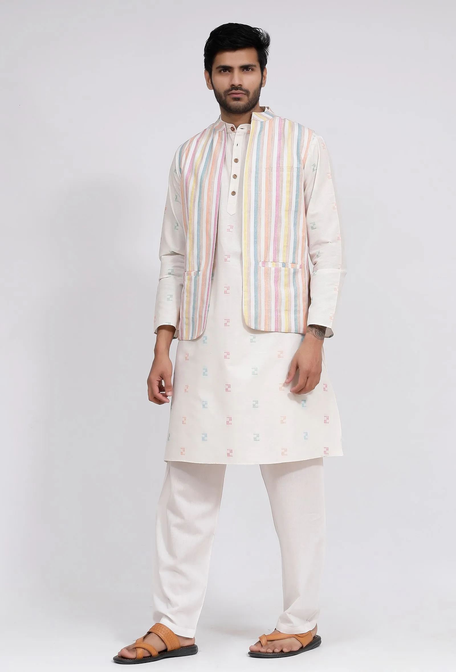 Set of 3: White Stripe Nehru Jacket With White Dobby Button Down Kurta and Pajama