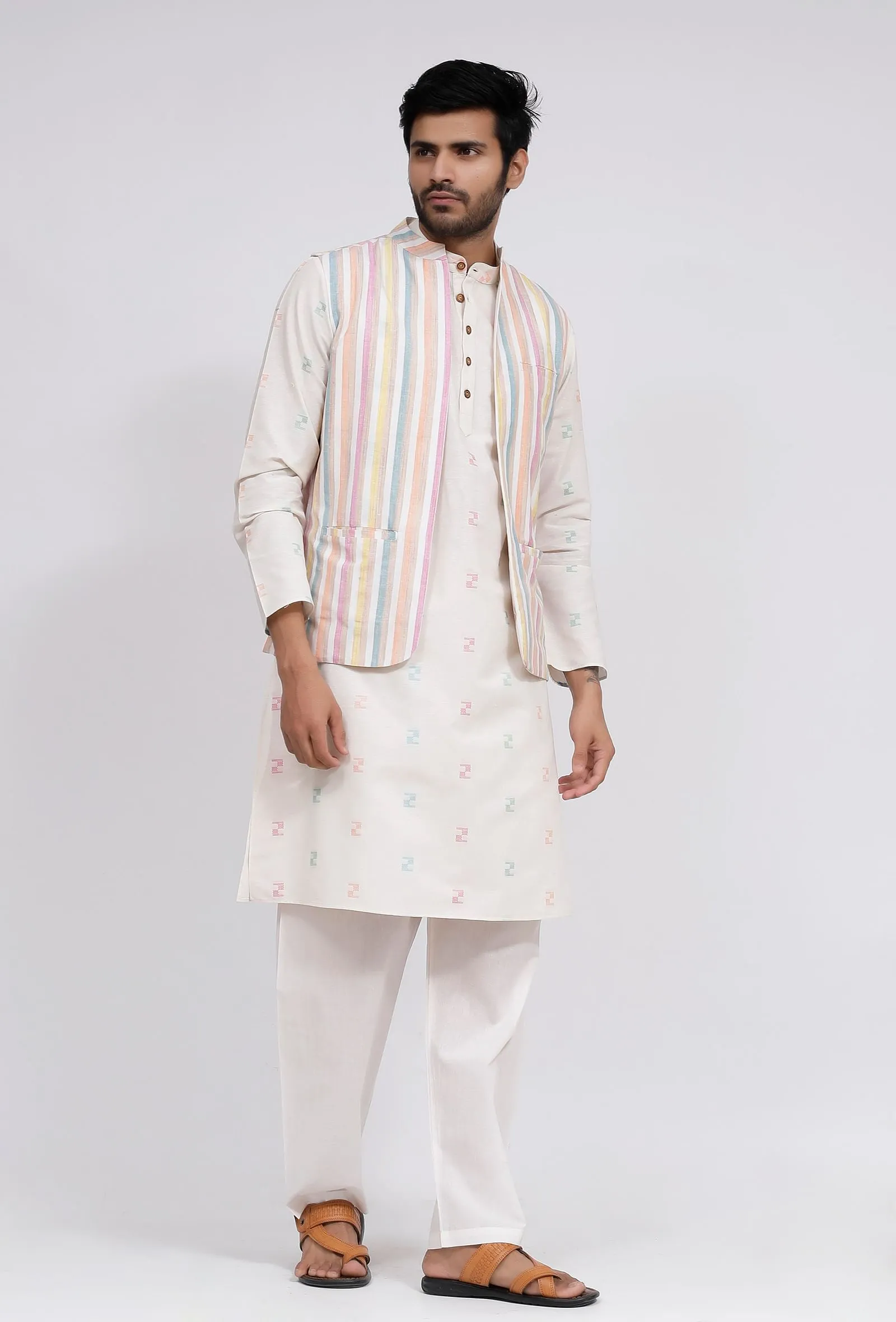 Set of 3: White Stripe Nehru Jacket With White Dobby Button Down Kurta and Pajama