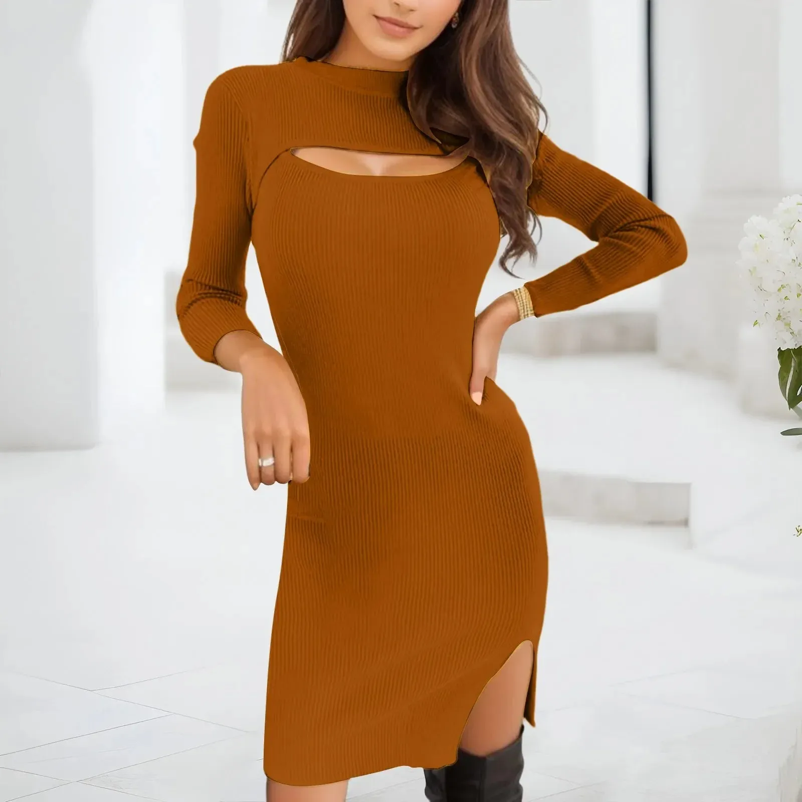 Sexy Party Chest Hollow Leggings Split Fork Bag Hip Knitted Midi Casual Sensual Dress