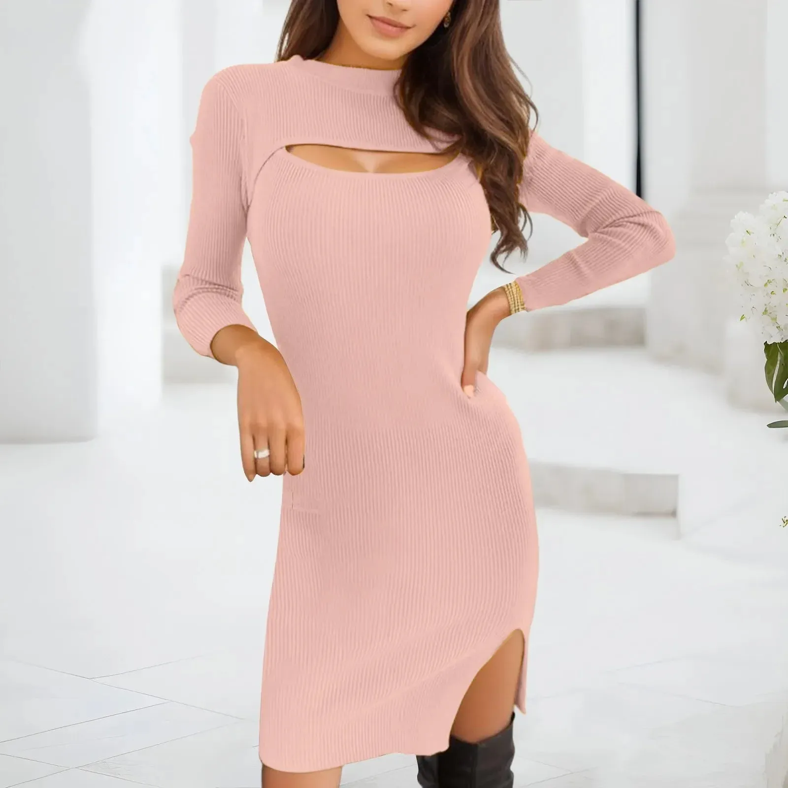 Sexy Party Chest Hollow Leggings Split Fork Bag Hip Knitted Midi Casual Sensual Dress