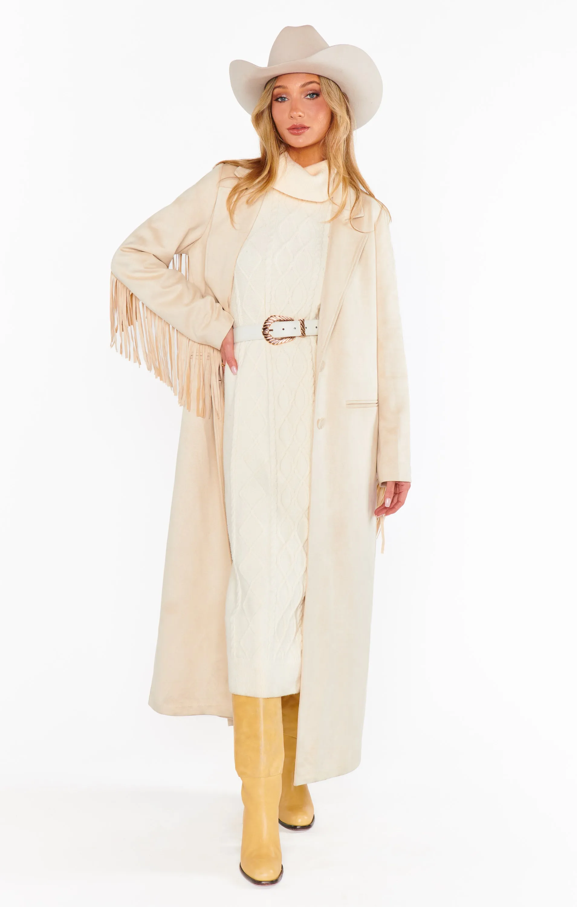 Sierra Fringe Maxi Jacket ~ Cream Faux Suede