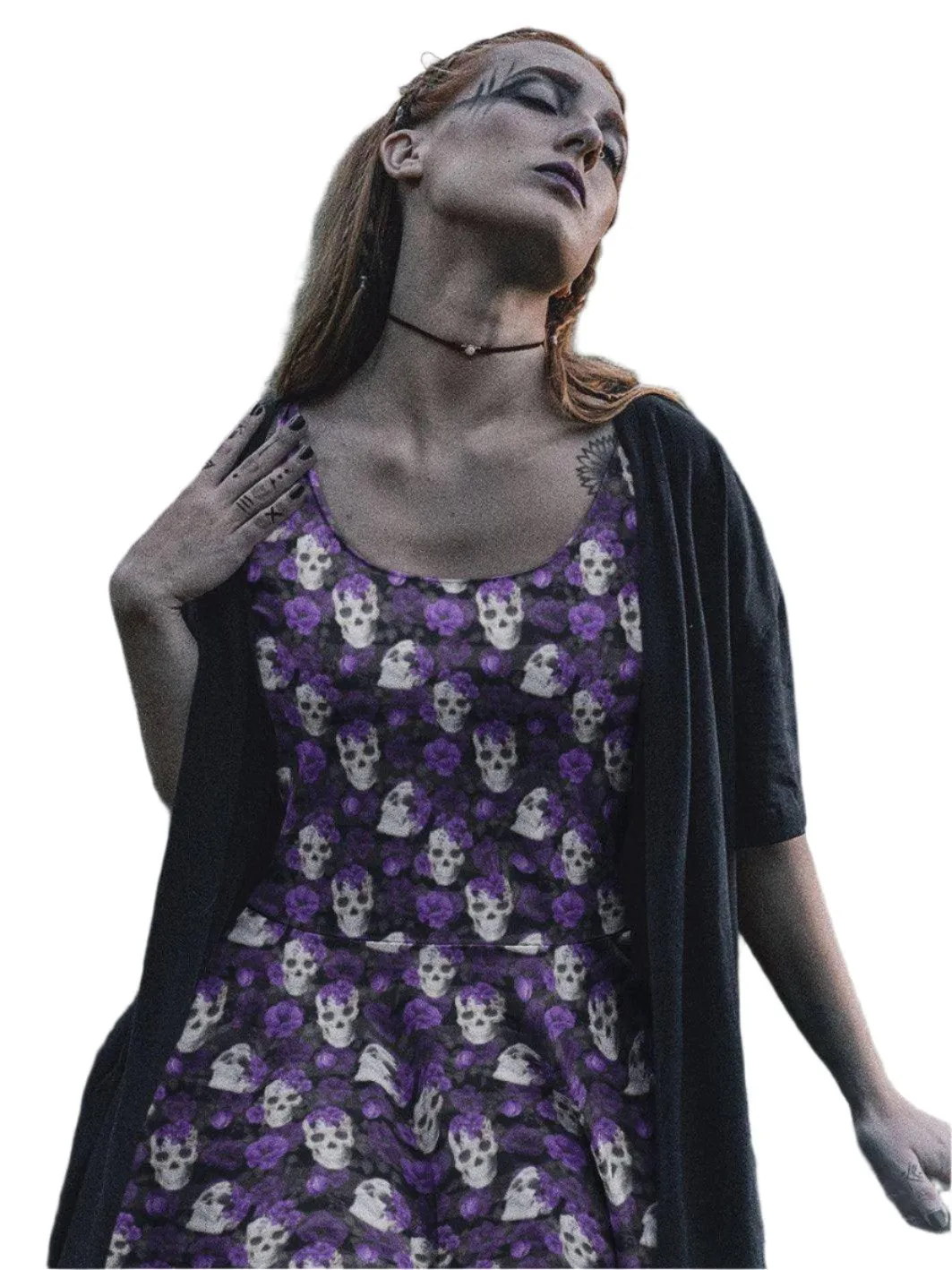 SKULLS AND PURPLE ROSES Knee Length Skater Dress With Pockets